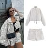 Womens Stand Collar Long Sleeve Colorblock Polka Dot Drawstring Jacket Short Outerwear
