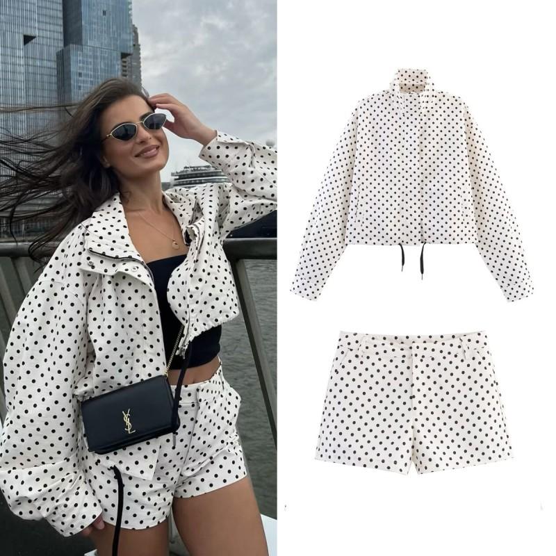 Womens Stand Collar Long Sleeve Colorblock Polka Dot Drawstring Jacket Short Outerwear