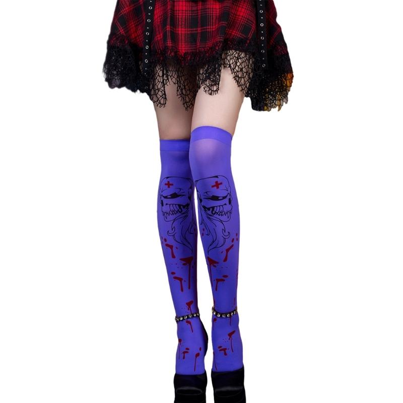Women Thigh High Socks Over the Knee High Stockings Japanese Skeleton Skull Print Long Socks Thin Halloween Stockings