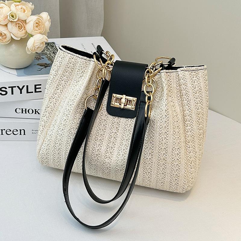 Elegant Ladies' Large Capacity Shoulder Bag with Adjustable Chain Shoulder Strap and Front Flip Button Closure - Woven Handbag