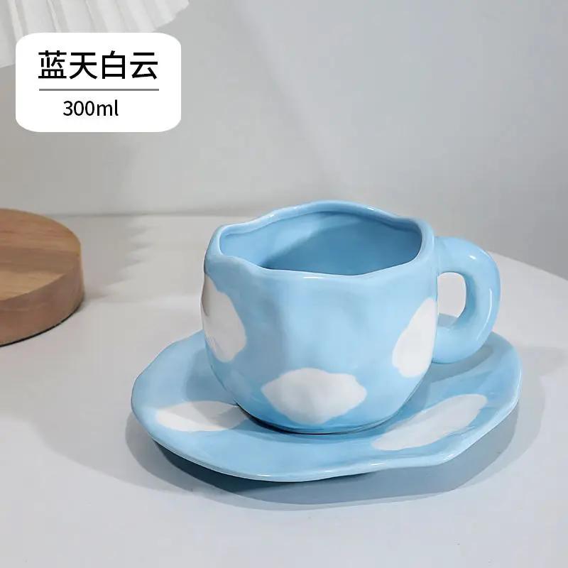 Hand Painted Blue Sky White Clouds Coffee Mug with Ceramic Handmade Tea Cup Saucer Set Lovely Gift Irregular Coffee Mug