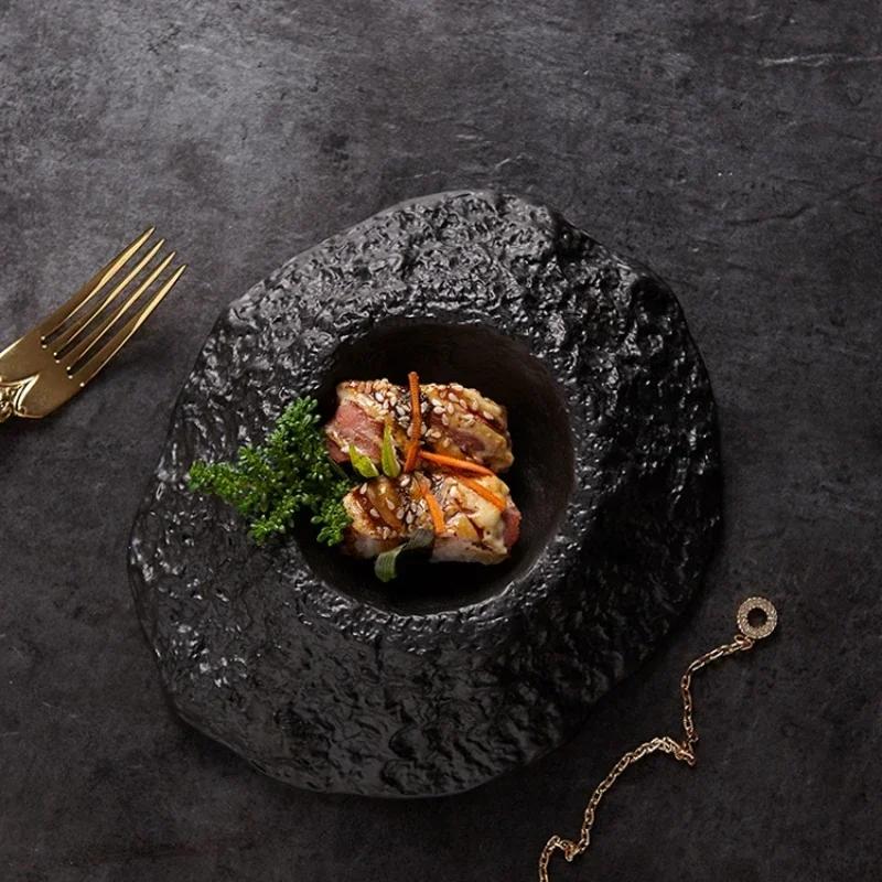 Volcano-shaped Black Deep Plate Creative Irregular Ceramic Tableware In Restaurant French Special-shaped Soup Plate Swing Plate