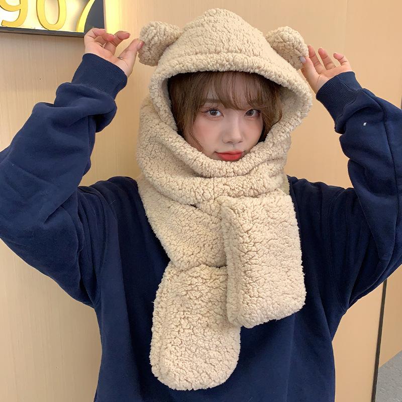 Bear hat women's winter scarf gloves three-piece cotton fleece integrated hooded cute thickened warm ear protector cotton hat