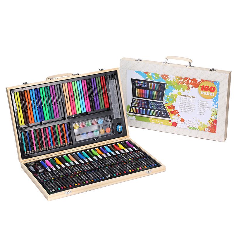 

Children s 180-Piece Art Set: Watercolor Pens, Oil Pastels & Colored Pencils in Wooden Box Wooden Box