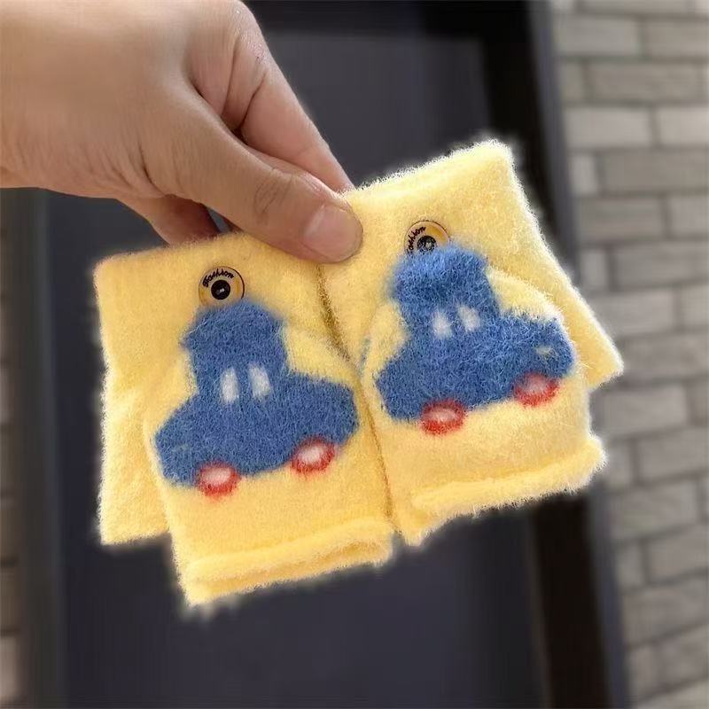2025 New Children's Gloves Autumn and Winter Flip Baby Cute Cartoon Car Finger Gloves Students Cold