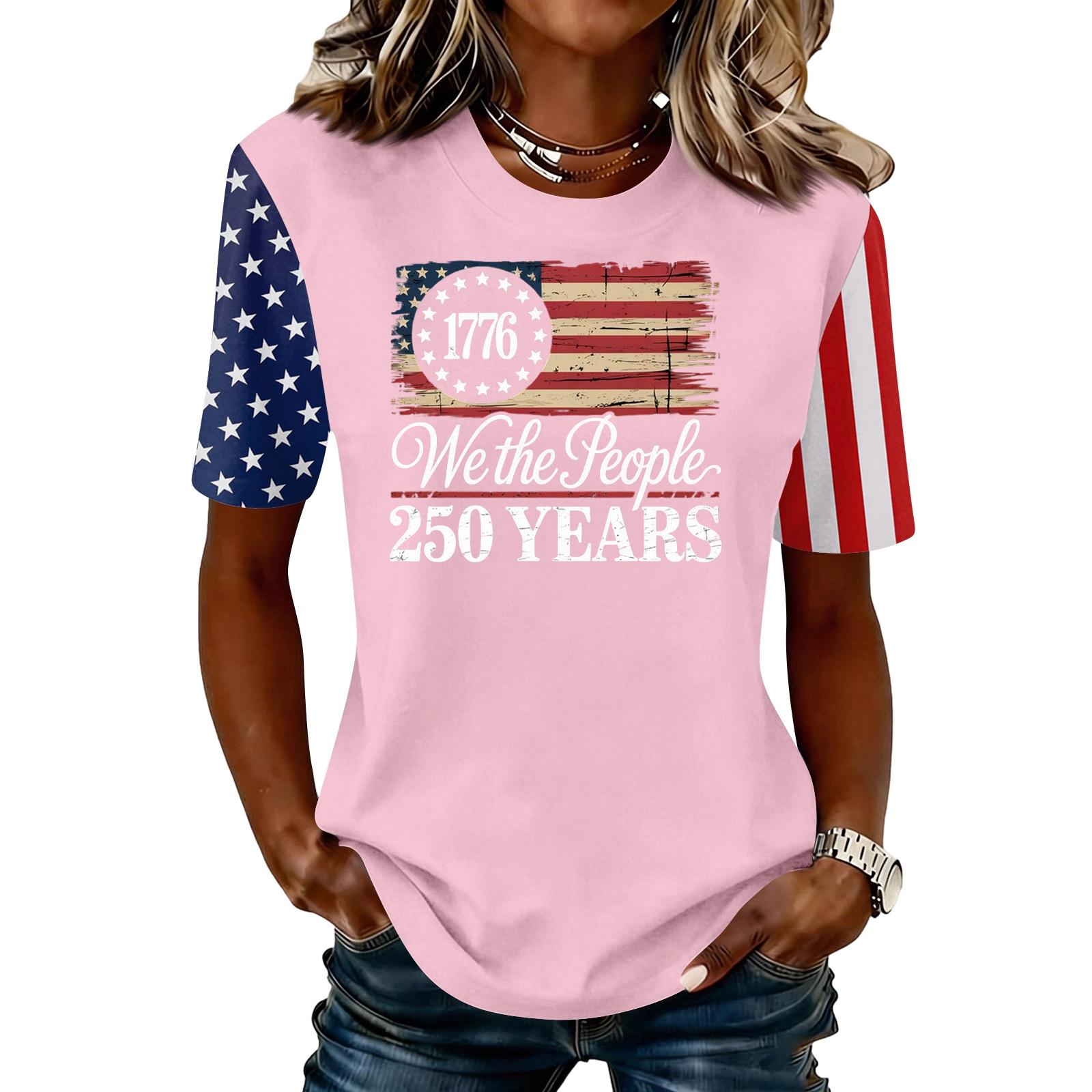 

Womens Round Neck Short Sleeve T Shirt 250th Anniversary Graphic Print Casual Top with Flag Inspired Pattern for Everyday Wear S рожевий
