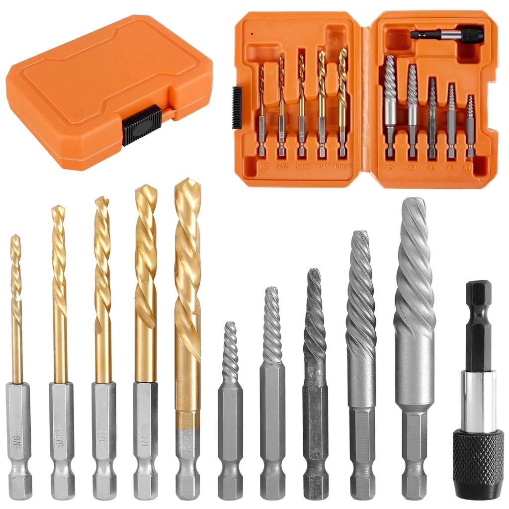 11Pcs Screw Extractor Kit Carbon Steel Hex Bolt Extractor Tool Center Drill Bits Guide Set Damaged Screws Remover Tools Easy Out