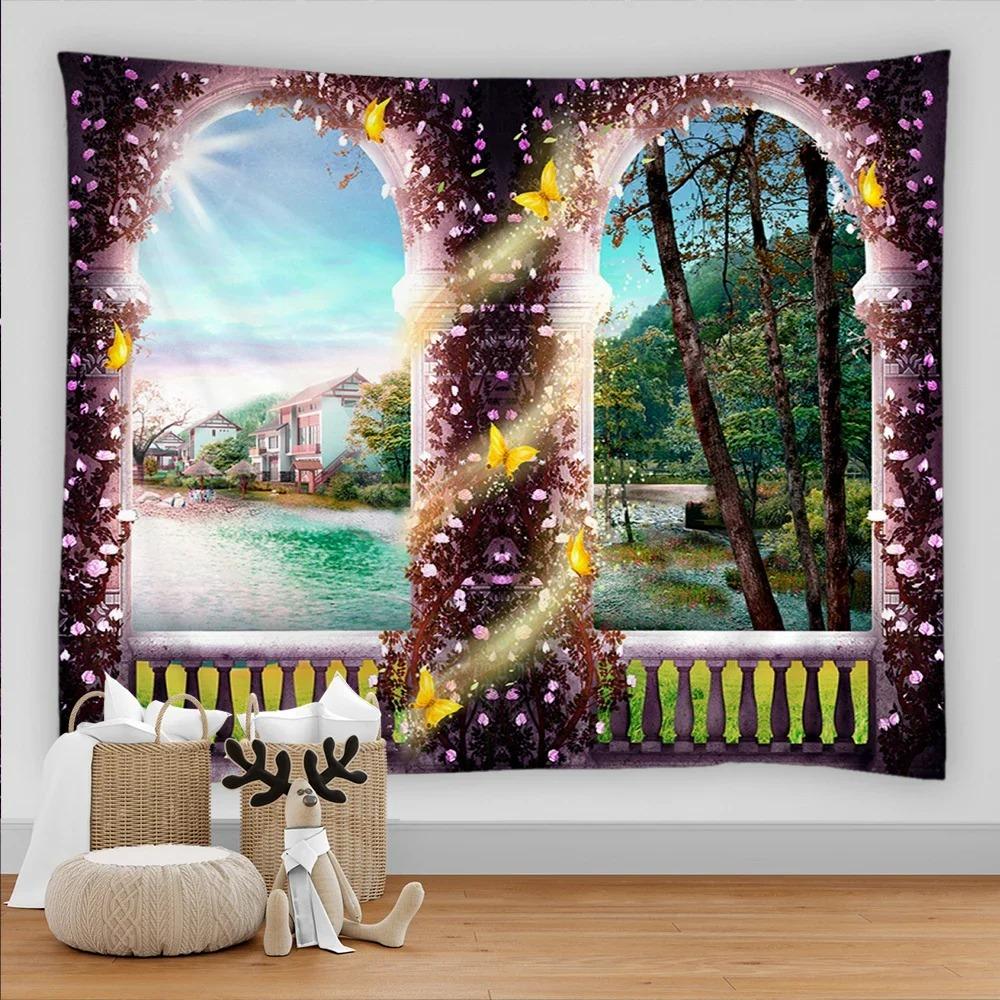 Bohemian Style 3D Window View Decorative Tapestry Hippie Wall Decoration Tapestry Bedroom Dormitory