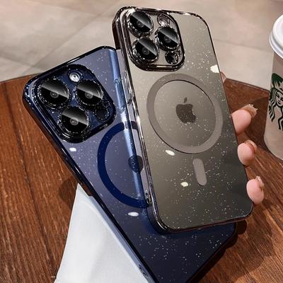 Luxuriöse, galvanisierte, glitzernde, klare Telefonhülle für iPhone 11 12 13 14 15 Pro Max Plus, magnetische, kabellose Lade-Stoßfängerhüllen