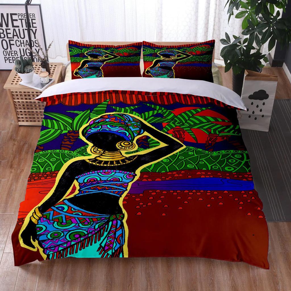 Afrikansk kvinna Sängklädesset Etnisk Afro Påslakan Mikrofiber Afroamerikansk Täcke Set 3 Delar Orange Forntida Öken Full