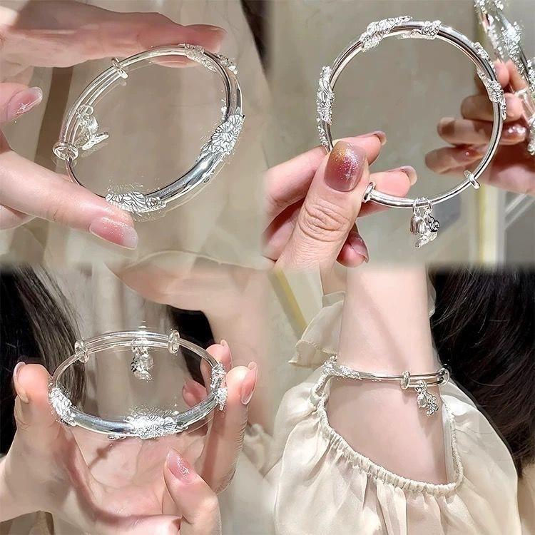 New Flowering Brocade Bracelet Women's Solid Flower Silk Bracelet Silver Jewelry for Girlfriend's Birthday Versatile Design Women's Jewelry