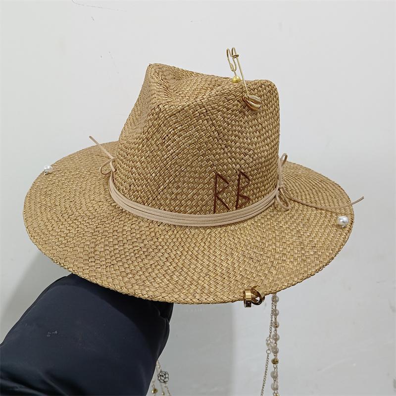 Classic Straw Hat Handmade Design Hat Pearl Chain Summer Sun Hat New Letter Hat Beach Women Gorras Para Hombres