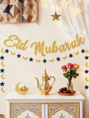 Eid Mubarak Banner Glitter Gold & Blue Islamic Festival Hanging Decor Ramadan Kareem Moon Star Garland Home Wall Party Supplies