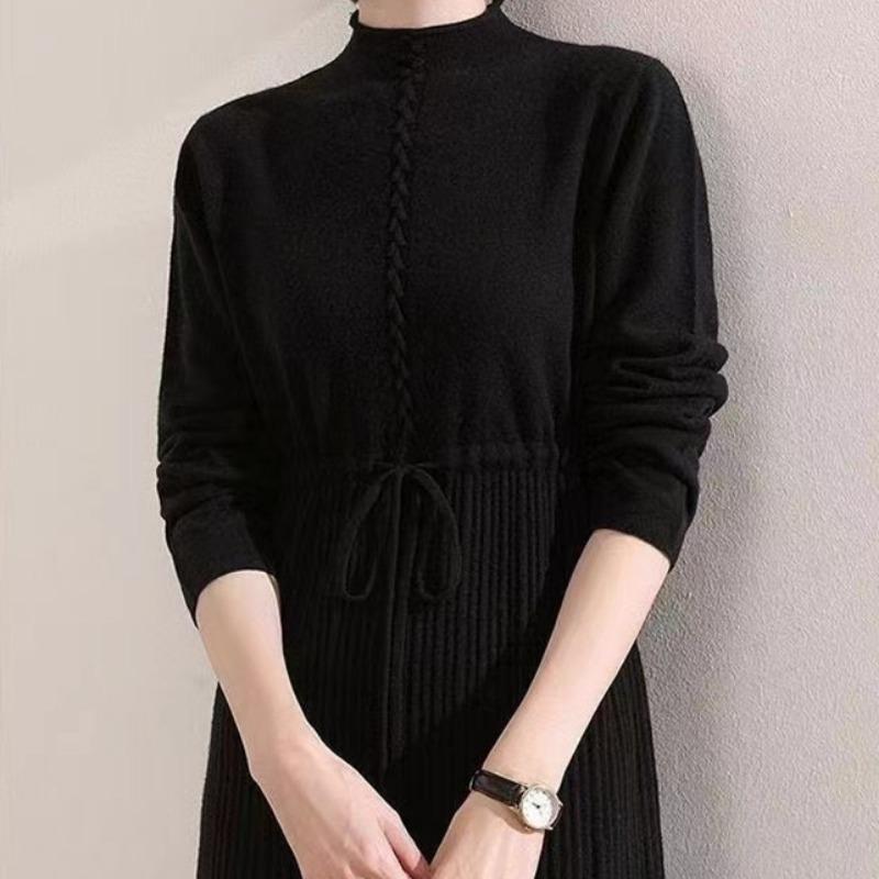Knitted Dress for Women Autumn and Winter Waist Cinched Mid Length Sweater Dress Casual Base Over Knee Dress