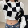 Autumn Sweater Women's Knitted Sweater Checkerboard Pattern Sweater Women's Half High Collar Long Sleeved Knitted Short Sweater