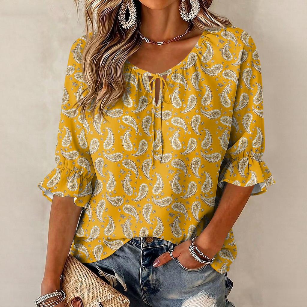 Women's Vintage Floral Print Blouse with Tie Neck and Ruffle Three-Quarter Sleeves
