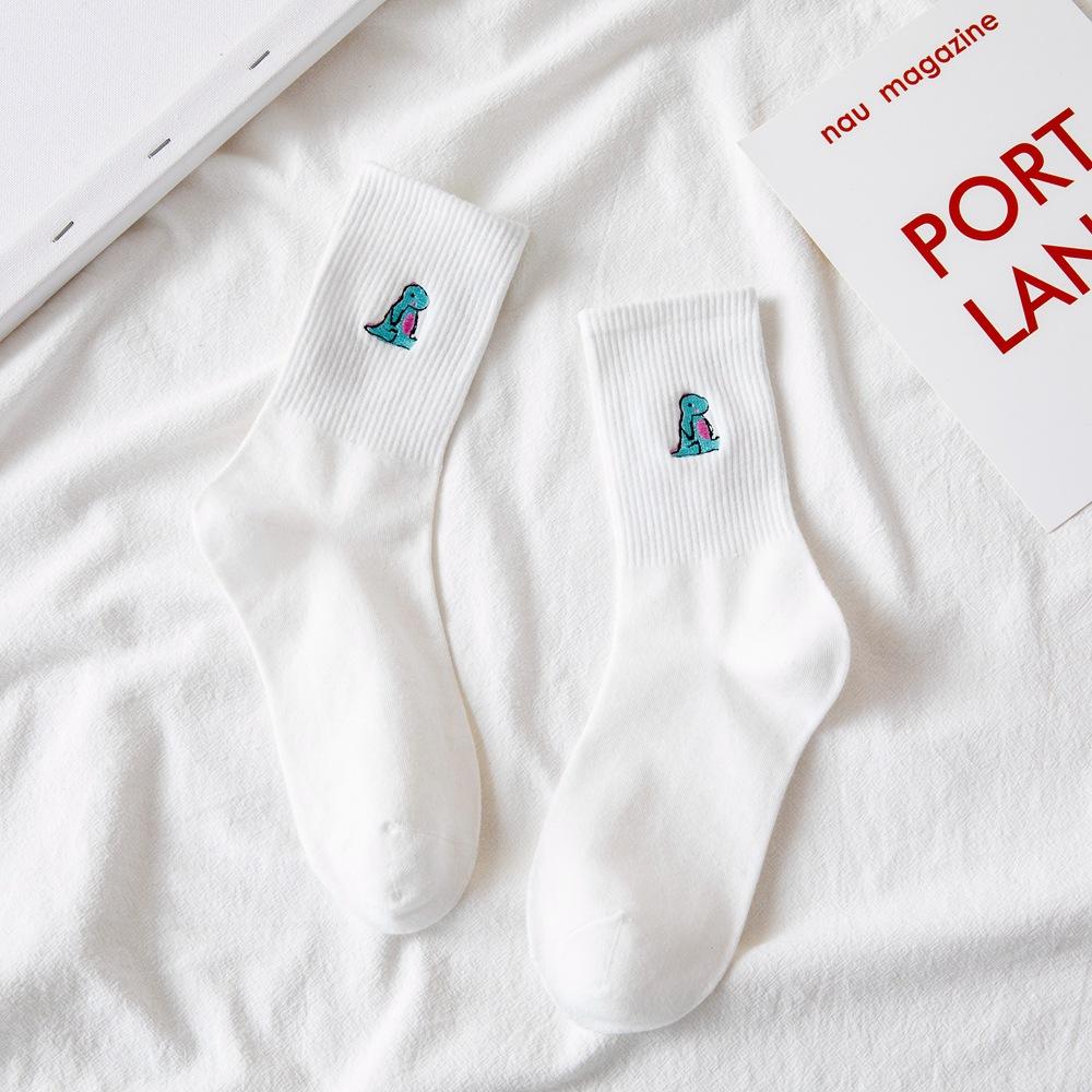 Embroidery Dinosaur Socks Fashion Woman Socks Korea Harajuku Style Kawaii Funny Cartoon Spring Autumn Female Socks Lovely Girl