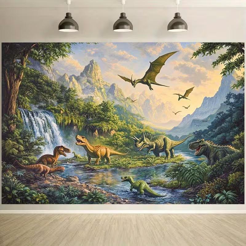 Klassischer Jurassic Dinosaurier Dschungel Kulisse Wasserfall und Berg Szene Hintergrundtuch für Kinderzimmer Dekoration