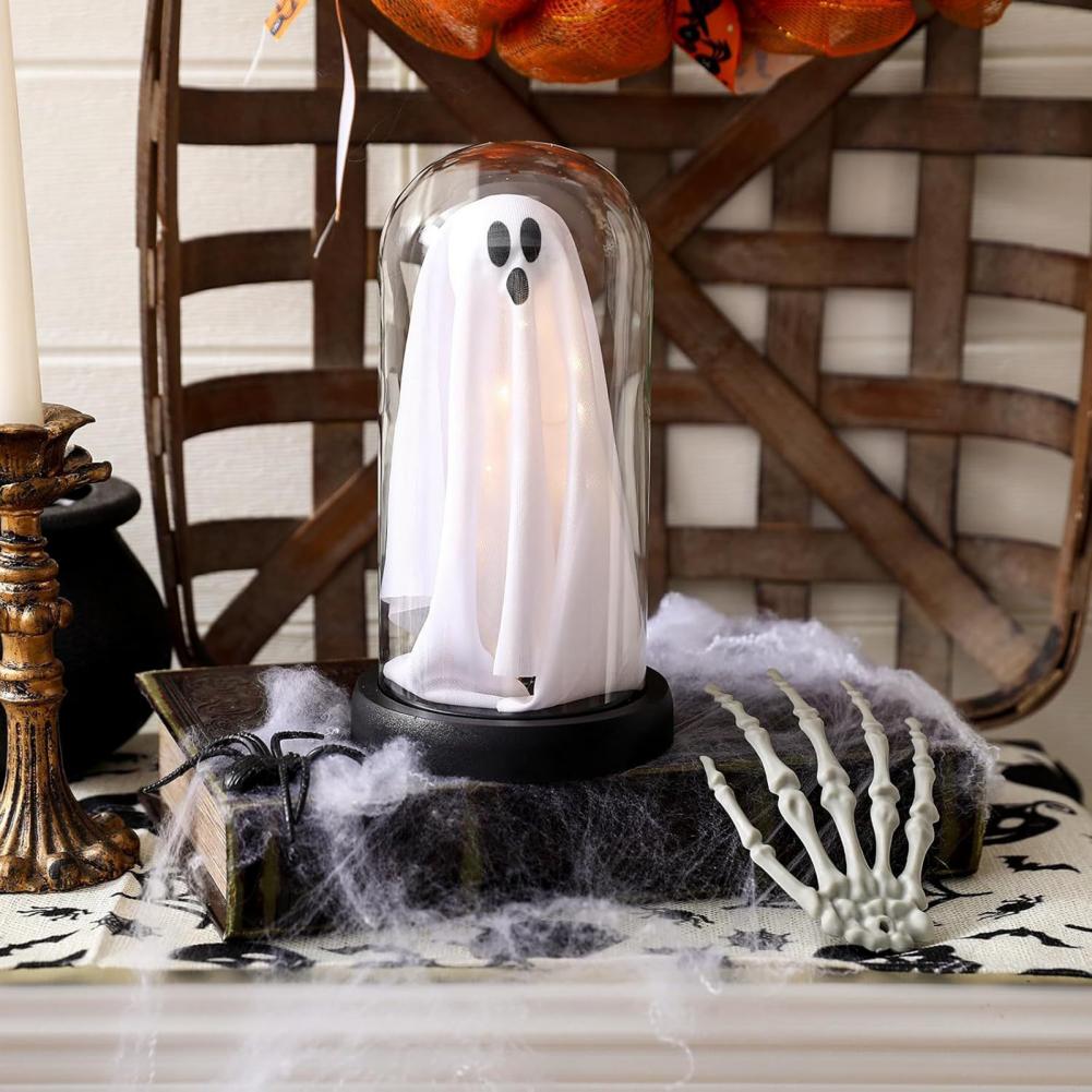 Spooky LED Ghost Cloche Light Halloween Decor Home Ambient Tabletop Glass Lighting up for October Festive