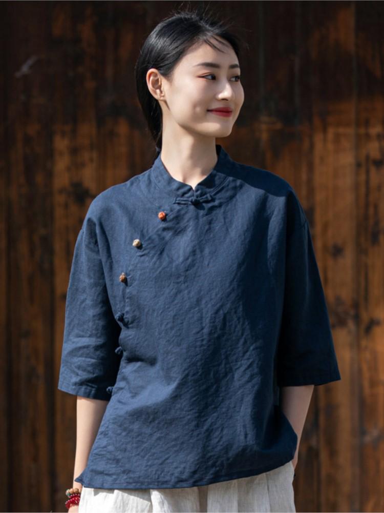 Johnature Women Chinese Style Shirts Tops Solid Color Button Short Sleeve Stand Blouses Summer Vintage Shirts