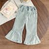 Korean Girls' Cute Cartoon Cardigan & Flared Jeans Set for Autumn