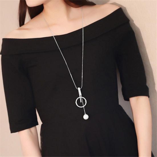 Women Fashion Imitation Pearl Circle Bar Pendant Sweater Chain Necklace Jewelry