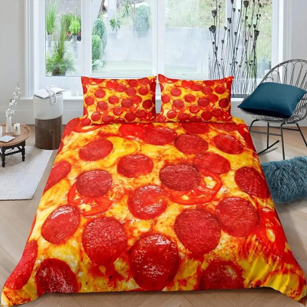 Pizza Bettbezug-Set Käsepizza Bettwäsche-Sets Pepperoni Nudeln Bettdeckenbezug-Set Full Queen Größe Lebensmittel-Thema Gesteppte Decke