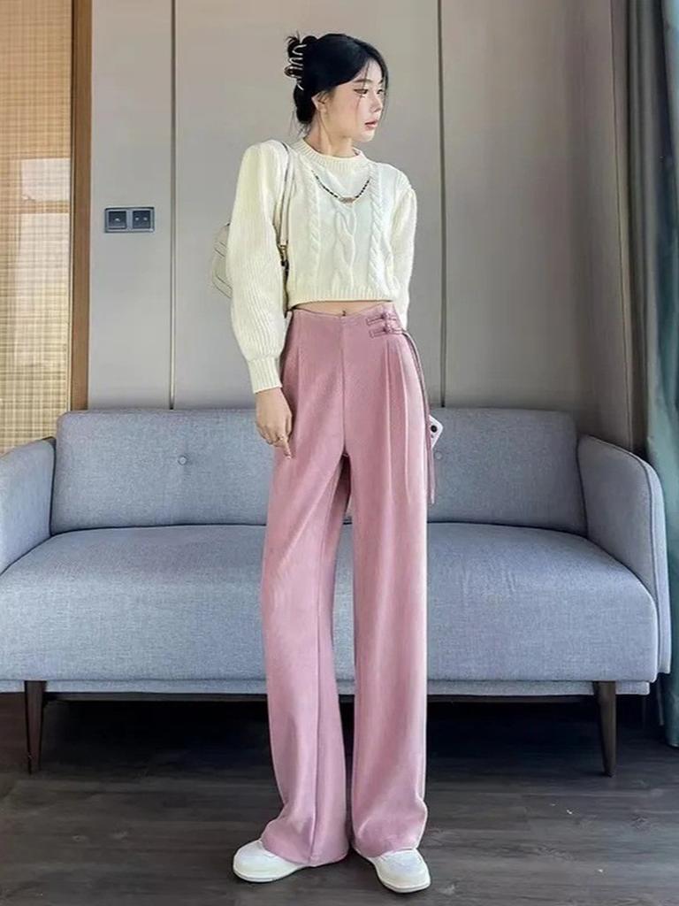 Meilade Autumn Winter Chinese Style Pao Kuao Fleece-Lined Sherniel Wide Leg Pants Women High Waist Drop Crotch Straight Leg Casual Trousers