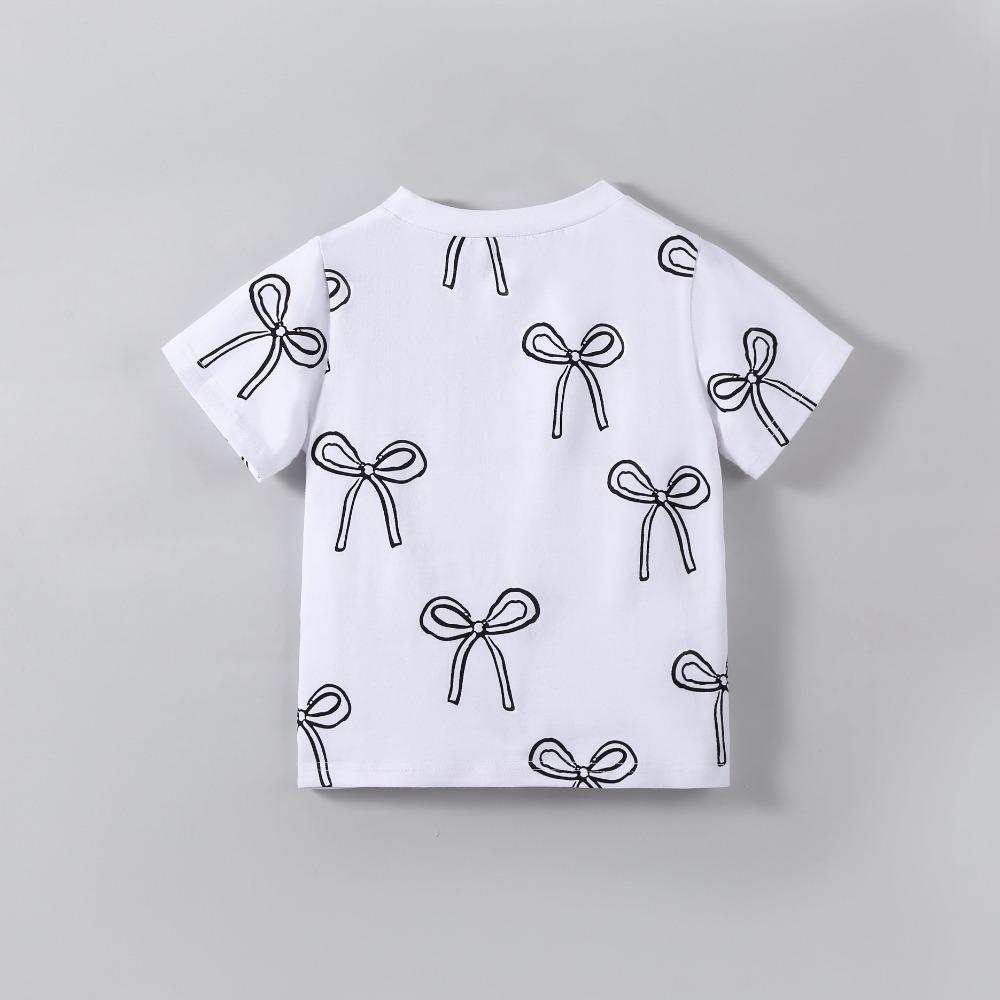 Koszulka dla dzieci 2-7 lat Dziewczynki Mieszanka bawełny Topy Casual Słodki Nadruk kokardki Lato Dziecięca Okrągły dekolt Krótki rękaw T-shirty
