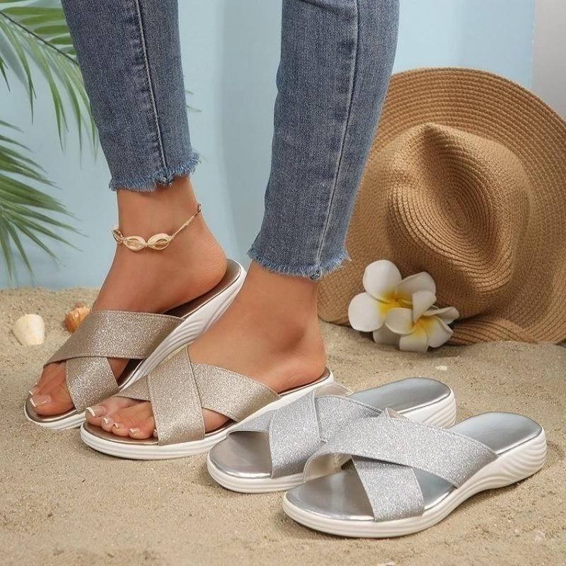 Fashion Platform Wedge Shoes Women's Fashion Round Toe Open Toe Crossover with Sequin Soft Sole Non-Slip Lightweight Low Heel Shoes