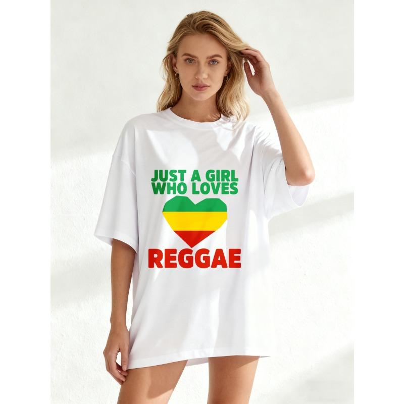 Oversized T Shirt Black Just A Girl Who Loves Reggae With Rasta Heart Print Casual Streetwear For Women Music Festival Party Wear