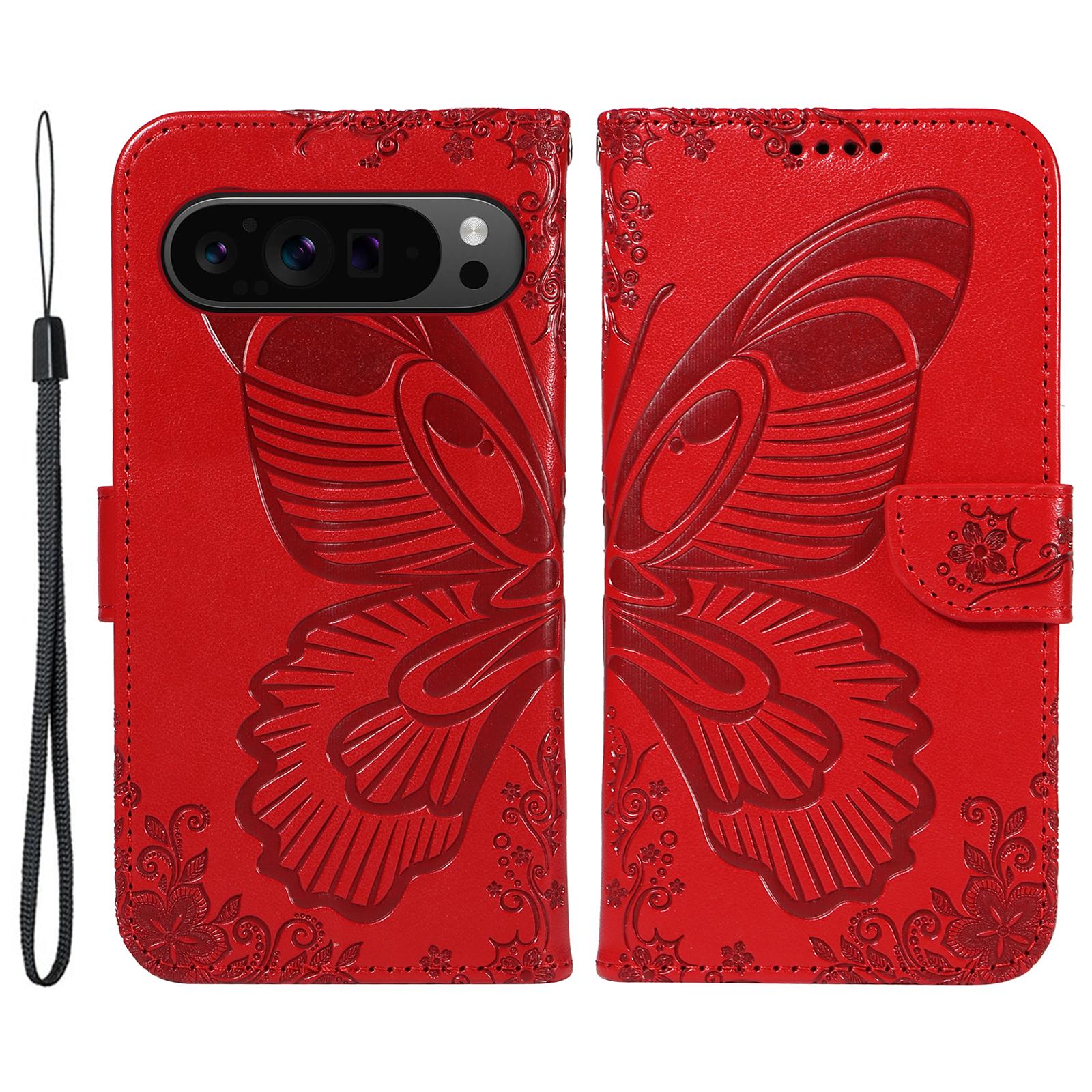 

For Google Pixel 9 Pro/Pixel 9 Case Flip Stand PU Leather Phone Cover Swallowtail Butterfly Red