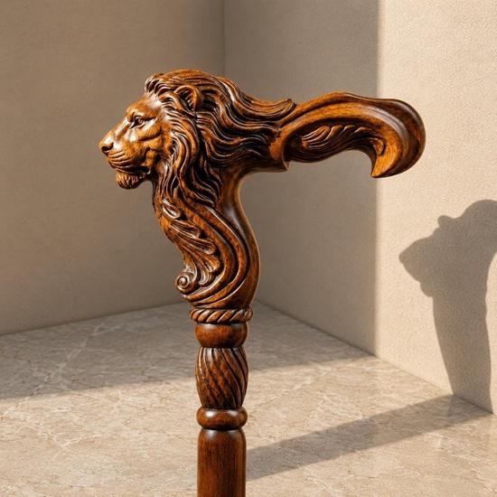 Hand Carved Lion Head Walking Stick Handmade Wooden Gentleman Cane Luxury Collectible Mobility Aid Grandpa Gift Travel