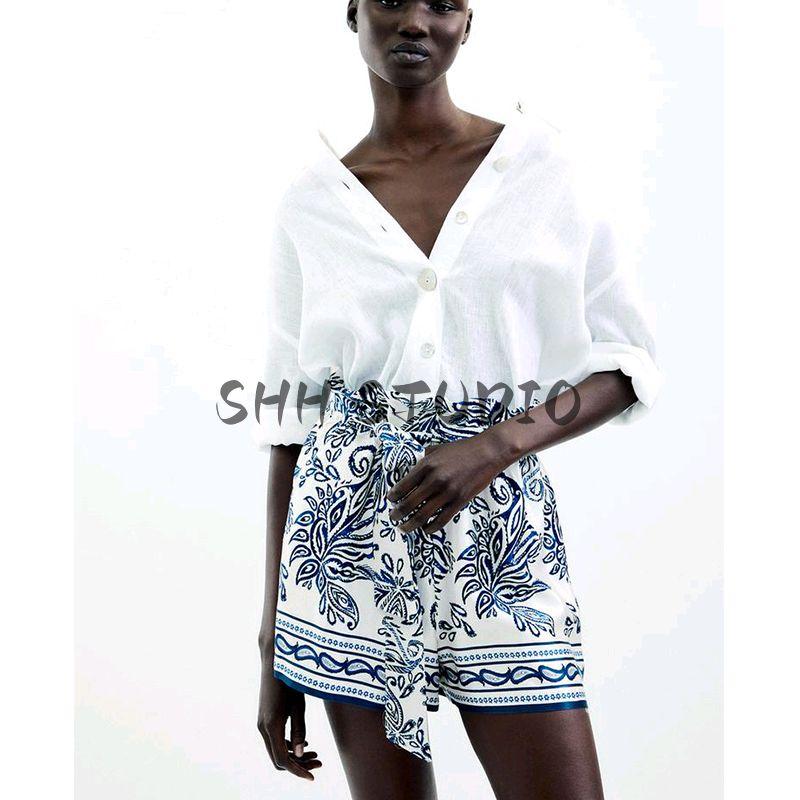 Summer Women's Clothing Ruched Decorative High Waist Silk Satin Texture Calico Paper Bag Casual Shorts 1165040