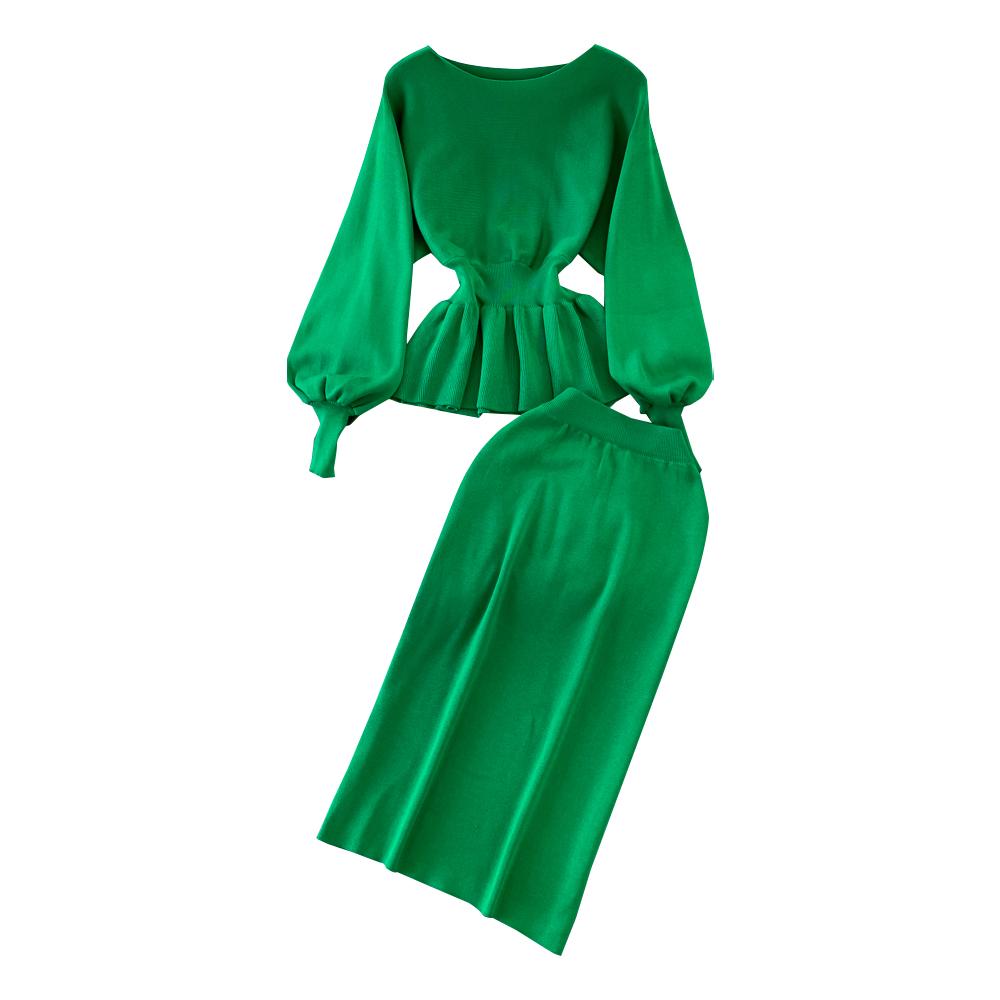 Conjunto de punto de dos piezas retro de cuello redondo para mujer: Top Adelgazante de Cintura y Falda de Cadera de Cintura Alta para Otoño/Invierno