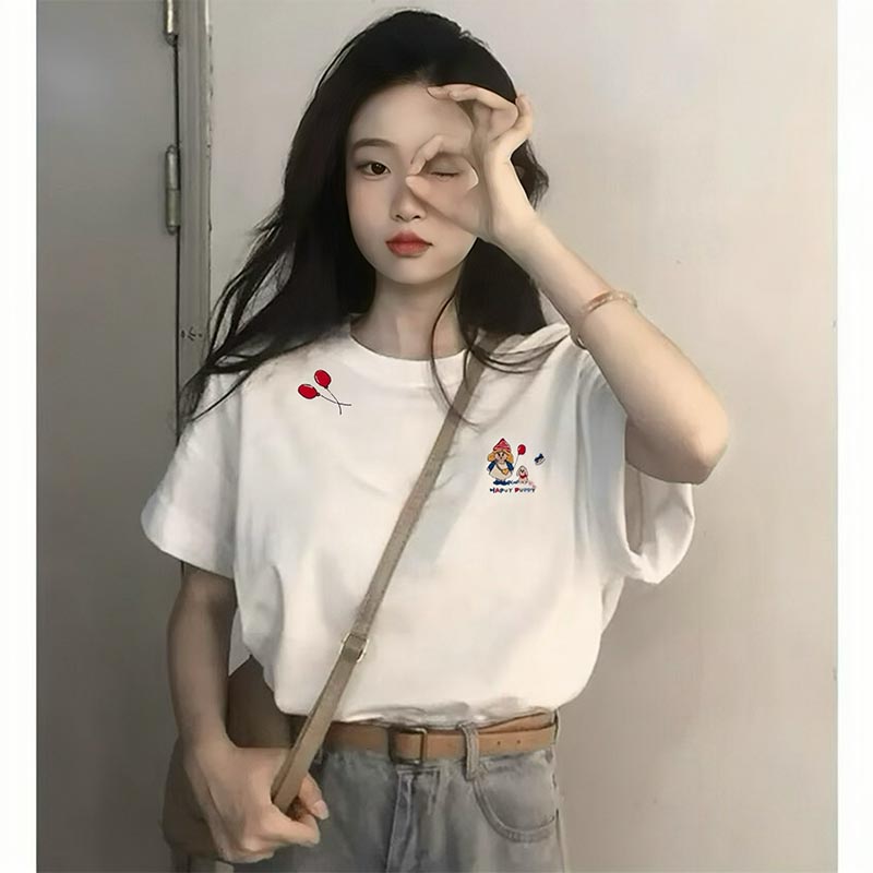 

Белая хлопковая футболка с коротким рукавом женская летняя свободная 2025 новая популярная спереди на плече иностранная универсальная футболка топ S