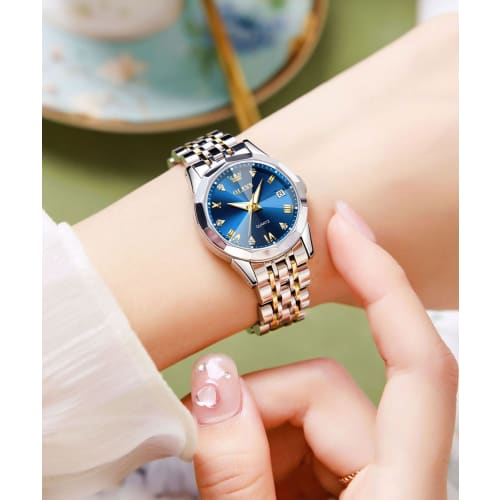 OLEVS Popular Women's Blue Waterproof Watch with Stainless Steel Band and Date Display, Analog Quartz Movement, Perfect As a Gift for Stylish Women, S