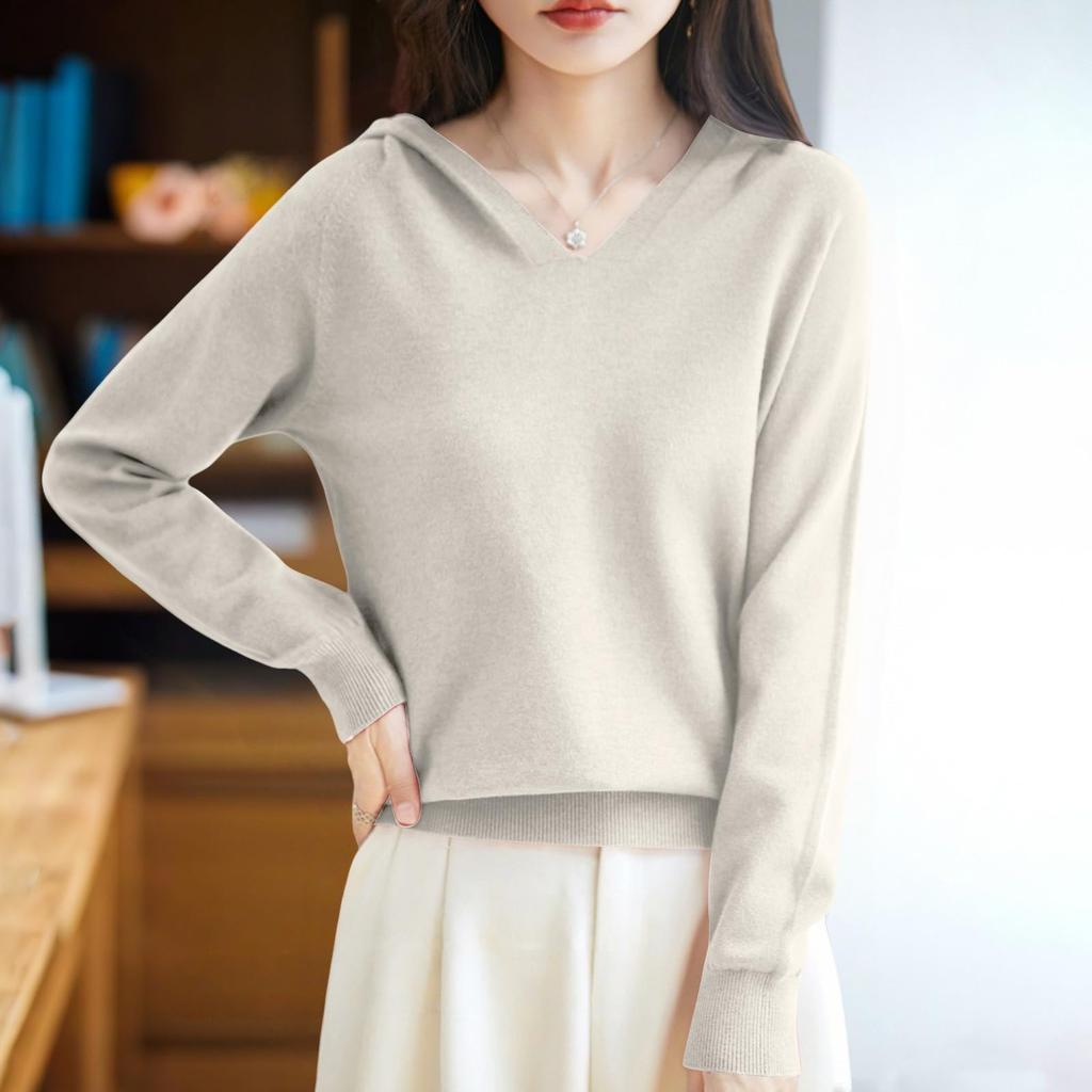 Women's Fashion Long,Sleeved ,Colour V,Neck Hooded Knitted Sweater Warm Sweatshirt Knitwear