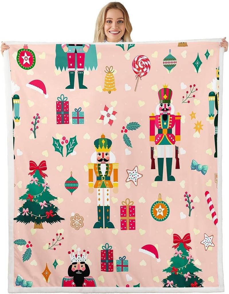 Pink Nutcracker Sherpa Throw Blanket for Couch Christmas Super Soft Cozy Fleece Xmas Cute Cartoon Blanket for Winter,Plush Throw