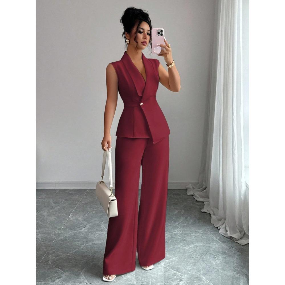 Women's Relaxed Fit Two Piece Pantsuit Sleeveless Blazer Top High Waist Wide Leg Trousers Solid Color Elegant Commuter Matching Outfit