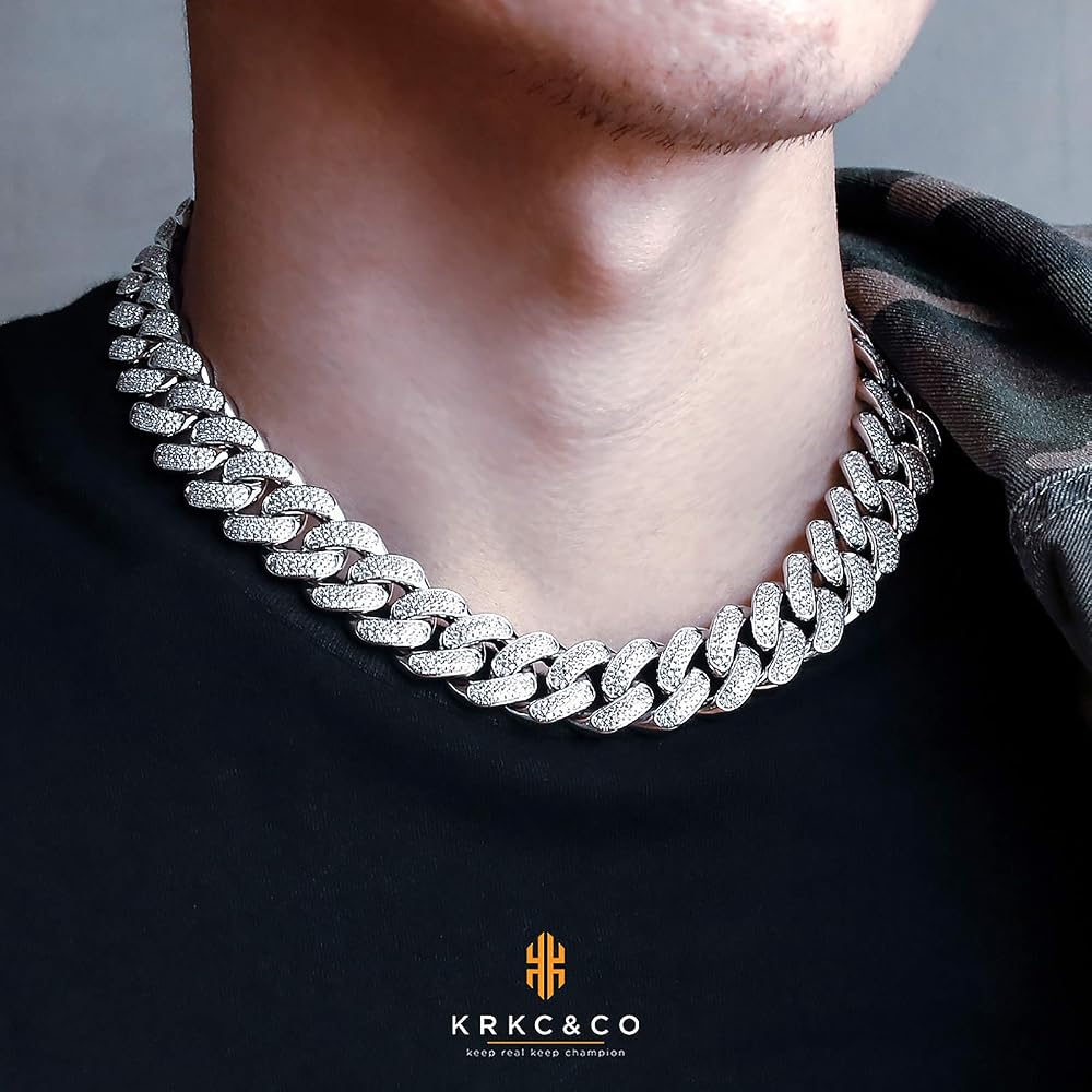 KRKC&CO Miami Cuban Chain Necklace 18mm White Gold Plated with Zirconia Men's Choker Hip Hop Accessory 46cm