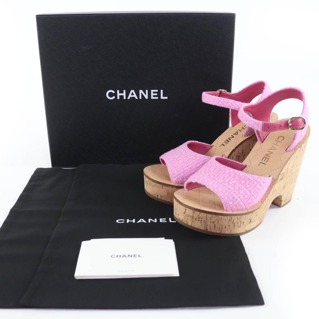 Tolle CHANEL Sandalen COCO Mark Keilsohle Tweed rosa Damen 36.5 G38994 Gebraucht