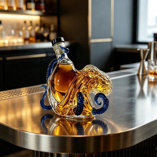 Yousheng Octopus Shaped Whiskey Decanter, 3D Blown Glass Wine Bottle with Stopper, 400ml Handmade Lead-Free Barware, Creative Bar Decor Gift for