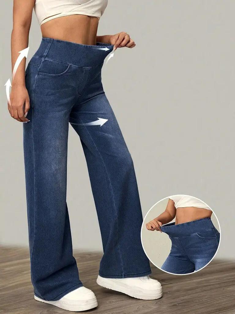 Puffanpop Dámské džíny se širokými nohavicemi s vysokým pasem, strečové džínové kalhoty, elastické v pase, jeggings kalhoty, volné rovné džíny pro každodenní pohodlí