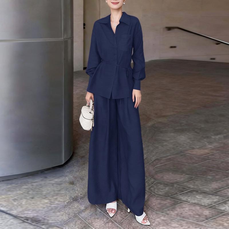 ZANZEA Bluzka z długim rękawem i spodnie damskie, casualowe dwuczęściowe zestawy garniturowe