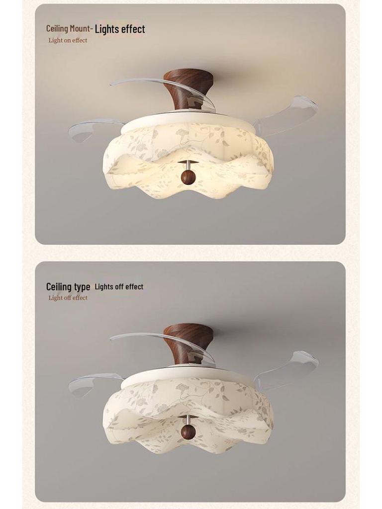Vintage Song-Style Ceiling Fan Light with Printed Fabric Shade for Bedroom and Dining Room