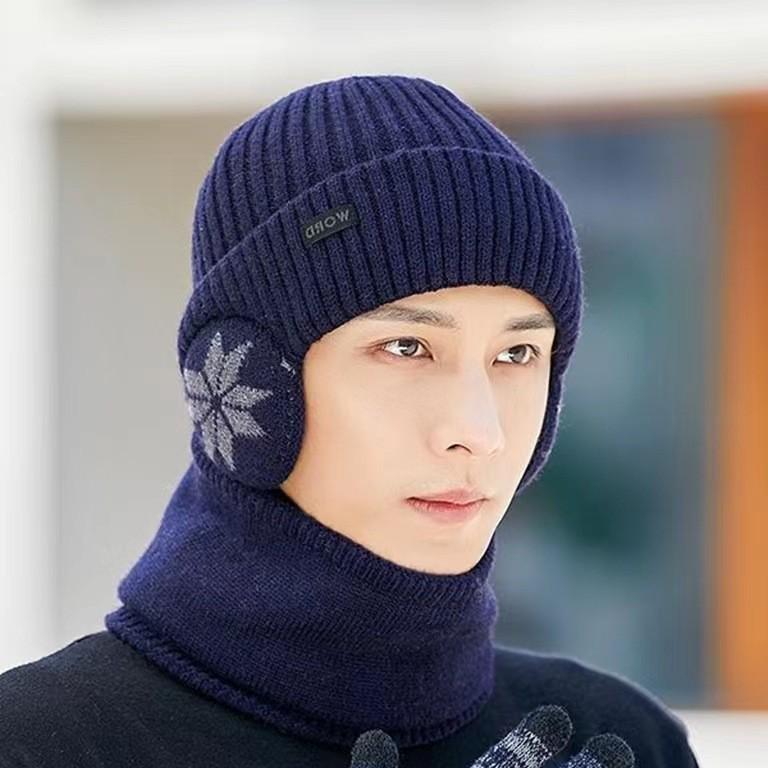 Men's Winter Knitted Wool Hat with Ear Protection, Plus Velvet, Windproof, Warm, Versatile Pullover with Large Brim.