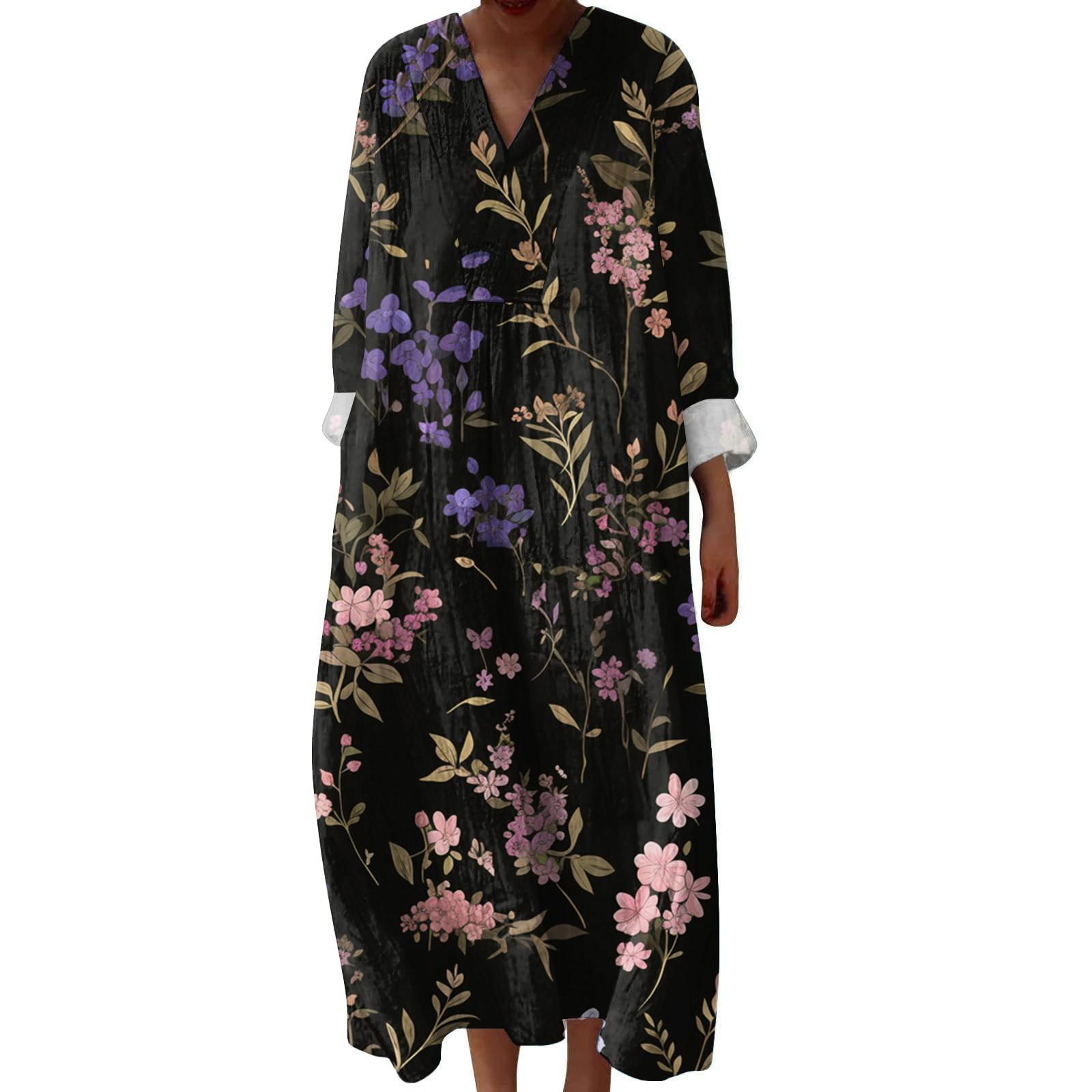 

Женское повседневное и модное платье с V-образным вырезом и цветочным принтом, с длинным рукавом L чёрный