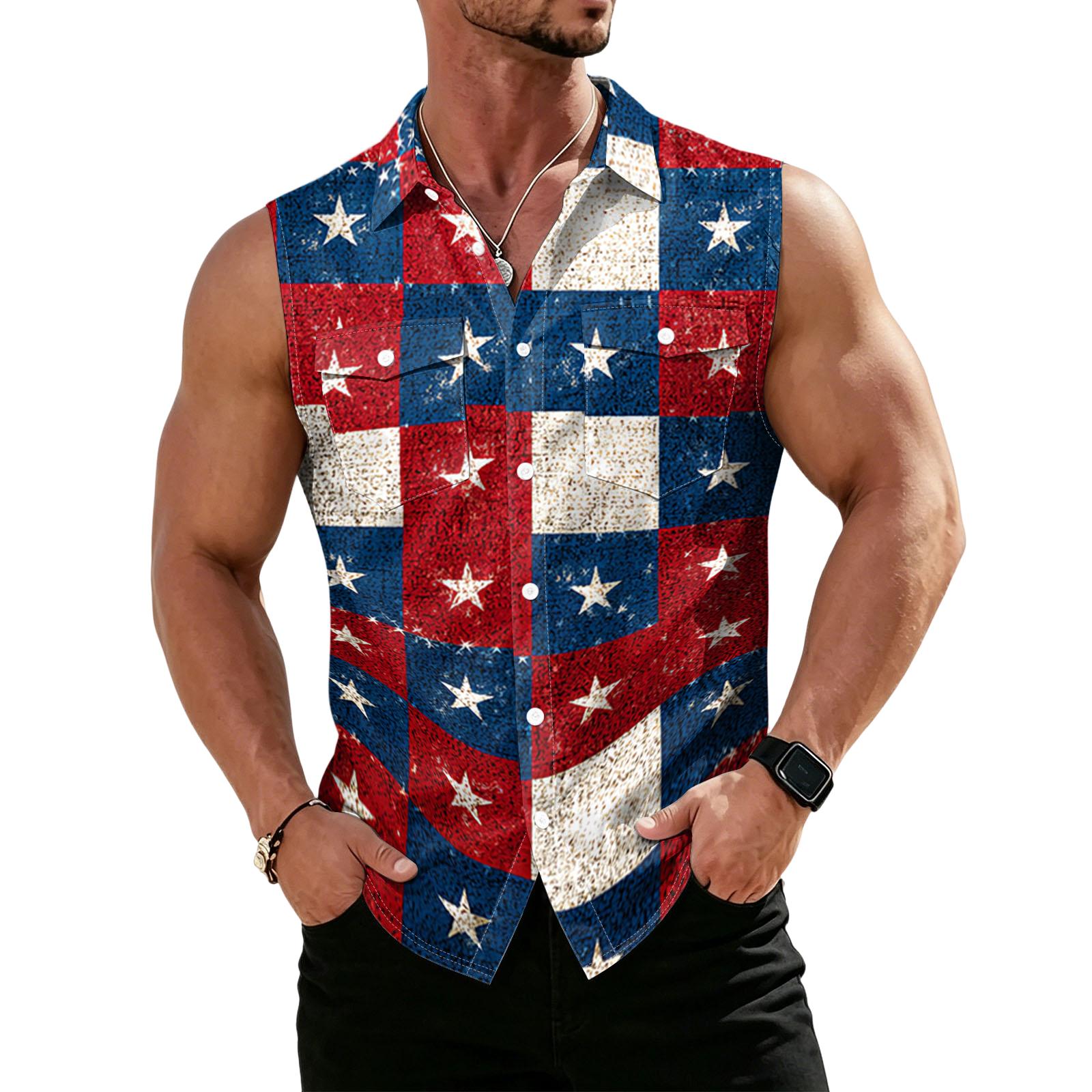 

Men’s Sleeveless Button Down Shirt Star Pattern Casual Fit Denim Style Front Pocket Design for Summer Outdoor Wear M красный