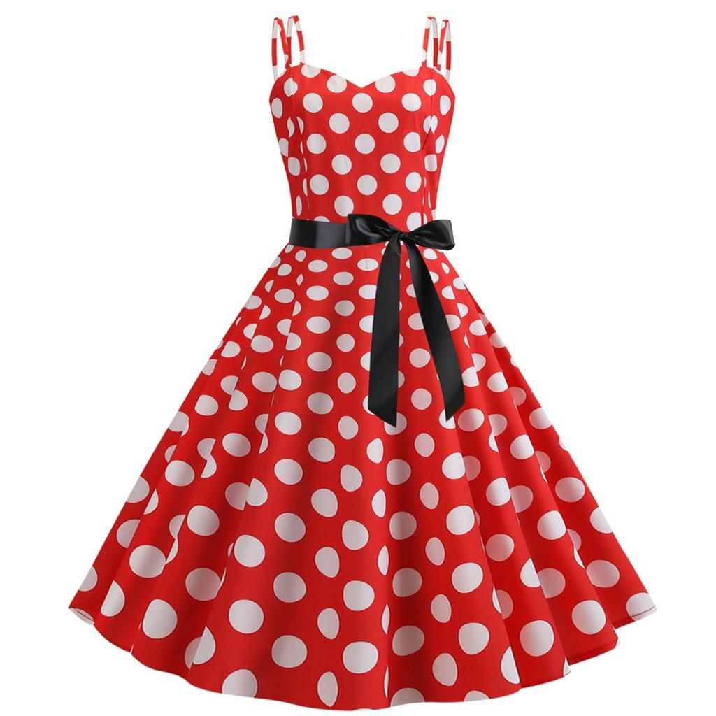 Women's Retro Dress With Double Suspenders And Polka Dot Printed Large Skirt